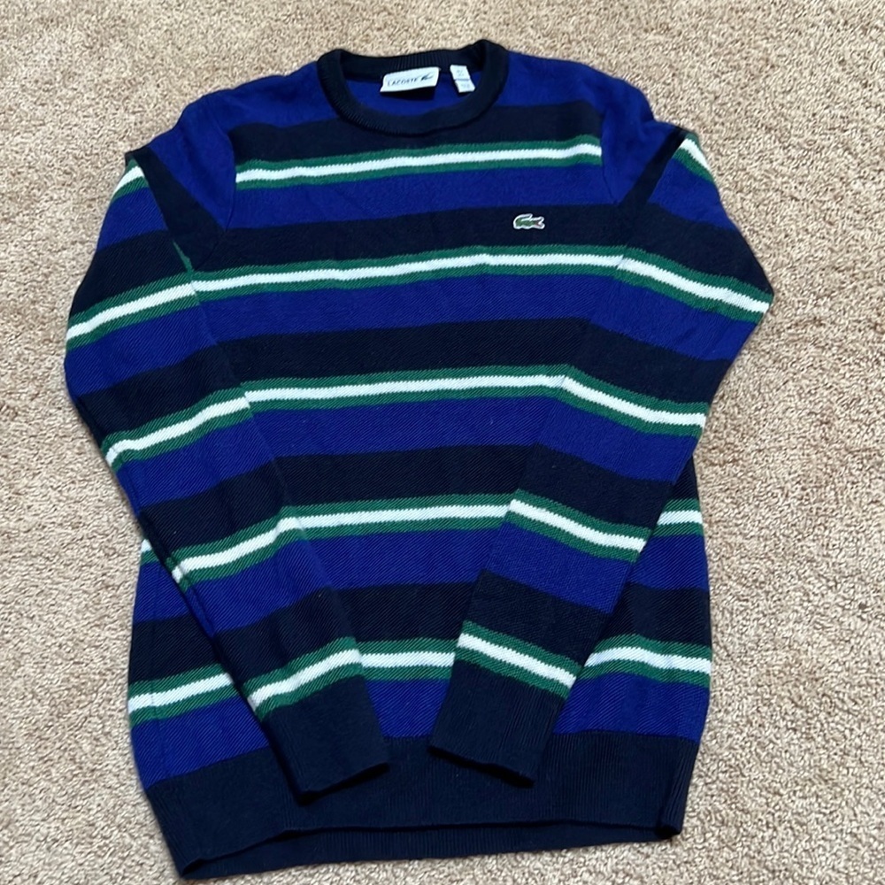 Lacoste mens small blue striped merino wool crew sweater.